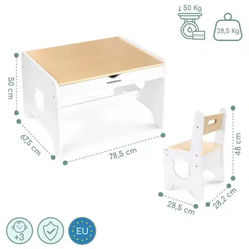 Laste laud ja 4 tooli Mamabrum kahe sahtliga | E-pood Tootemaailm Kokkupandav laste laud ja tool mõõtudega 78,5 x 67,5 x 50 cm ning tool 28,5 x 28,2 x 48 cm