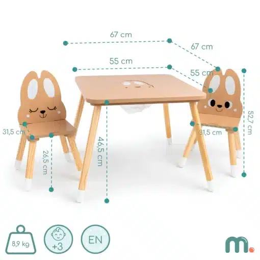 Laste laud ja 2 tooli Mamabrum jänese hoiukastiga | E-pood Tootemaailm Laste laud kahe tooliga, mõõtmetega 67 x 55 cm, tooli kõrgus 52,7 cm