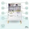 Laste puidust mänguköök Mamabrum | E-pood Tootemaailm Laste mänguköök valgete ja kuldsete detailidega, pliidi, kraani, mikrolaineahju ja panipaikadega