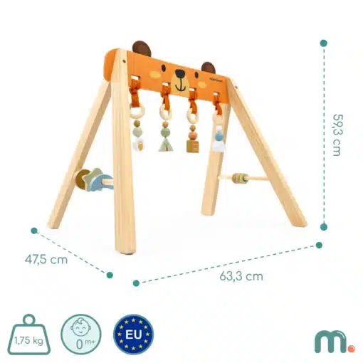 Beebimängukaar Mamabrum karuteemaliste ripatsitega | E-pood Tootemaailm Puidust beebide mängukaar loomakujulise ülaosaga ja riputatavate mänguasjadega, mõõdud 63,3 x 47,5 x 59,3 cm