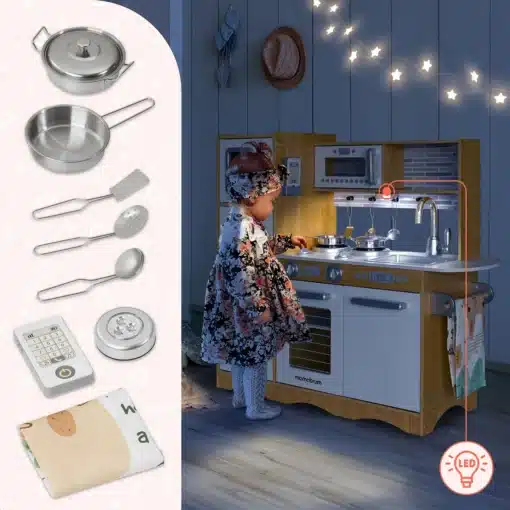 Laste puidust mänguköök LED-valgustuse ja tarvikutega | E-pood Tootemaailm Lastetega mänguköök LED-valgusega, koos metallnõude, köögitarvikute, telefoni ja mängukangaga