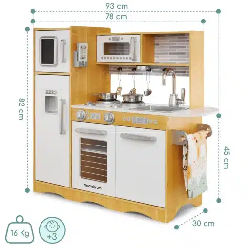 Laste puidust mänguköök LED-valgustuse ja tarvikutega | E-pood Tootemaailm Puidust mänguköök valgete ustega, kraani ja pliidiga, mõõdud pildil 93 x 82 x 30 cm