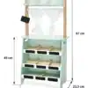 Puidust mängupood ja nukuteater Mamabrum 2 ühes | E-pood Tootemaailm Pastakarbi kujuline laste mängupood koos riiulite, kardinatega letiosa ja mõõtudega 97 x 48 x 23,5 cm