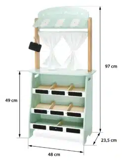 Pastakarbi kujuline laste mängupood koos riiulite, kardinatega letiosa ja mõõtudega 97 x 48 x 23,5 cm