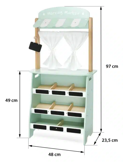 Puidust mängupood ja nukuteater Mamabrum 2 ühes | E-pood Tootemaailm Pastakarbi kujuline laste mängupood koos riiulite, kardinatega letiosa ja mõõtudega 97 x 48 x 23,5 cm