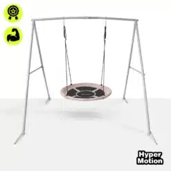 Hall ja must ripptool metallraamil, HyperMotioni logo ning kaks kvaliteediikooni vasakul