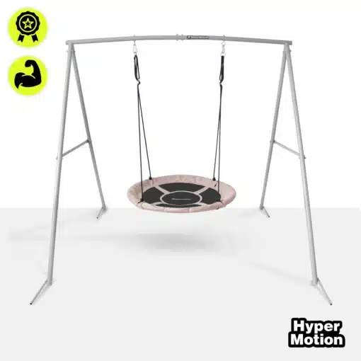 Laste pesakiik raamiga HyperMotion 100 cm | E-pood Tootemaailm Hall ja must ripptool metallraamil, HyperMotioni logo ning kaks kvaliteediikooni vasakul