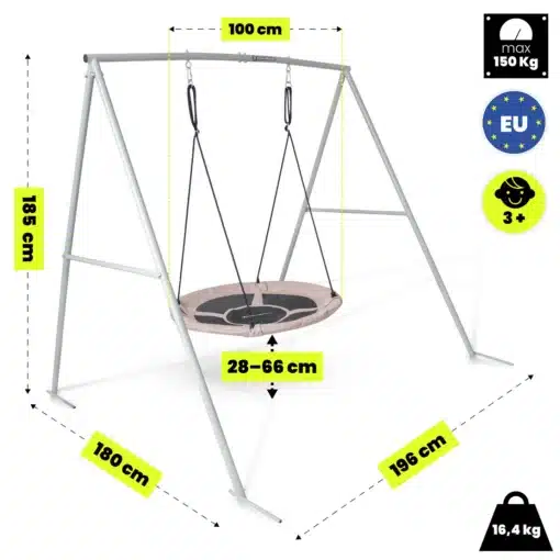 Laste pesakiik raamiga HyperMotion 100 cm | E-pood Tootemaailm Halli metallist kiikraam ripptooliga, mõõtudega 100 cm, 185 cm, 180 cm ja 196 cm, kandevõime 150 kg
