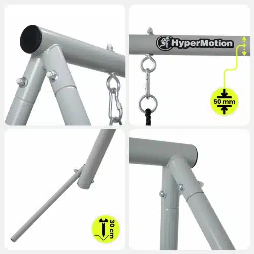 Laste aiakiik pesakiige ja klassikalise istmega HyperMotion | E-pood Tootemaailm Halli metallkonstruktsiooni detailid, HyperMotioni logo, kett ja mõõtmed 50 mm ning 30 cm