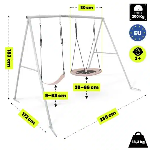 Laste aiakiik pesakiige ja klassikalise istmega HyperMotion | E-pood Tootemaailm Metallist kiige raam kahe istmega, mõõdud 183 x 235 x 172 cm, max 200 kg
