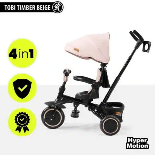 Laste kolmerattaline jalgratas Tobi Timber | E-pood Tootemaailm Tobi Timber Beige 4in1 kolmerattaline lapsekäru beeži katusega
