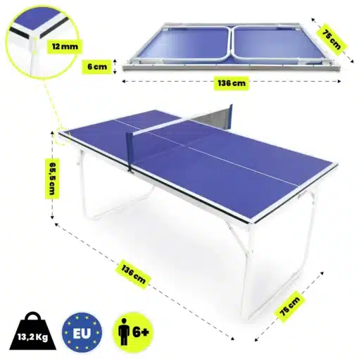 Kokkupandav lauatenniselaud HyperMotion komplektiga | E-pood Tootemaailm Sinine kokkupandav lauatenniselaud mõõtudega 136 x 75 cm, kõrgus 65,5 cm