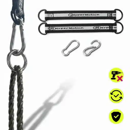 Laste 6-ühes ronimiskomplekt kiige ja redeliga | E-pood Tootemaailm HyperMotion treeninguköie kinnitusrihmad, metallrõngad ja karabiinid valgel taustal