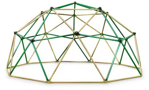 Ronimiskuppel HyperMotion XXL lastele 300 cm | E-pood Tootemaailm Rohelistest ja kuldsetest varrastest geodeetiline kuppelkonstruktsioon valgel taustal