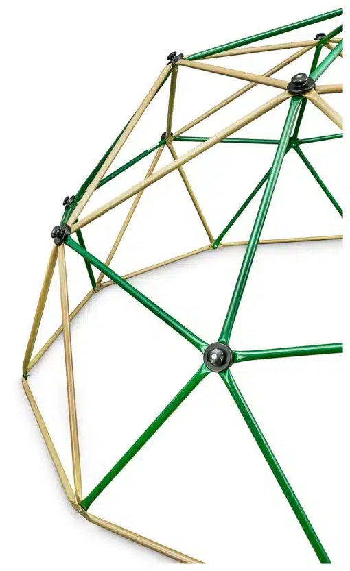 Ronimiskuppel HyperMotion XXL lastele 300 cm | E-pood Tootemaailm Roheliste ja beežide metallvarrastega geodeetiline kuppelraam valgel taustal