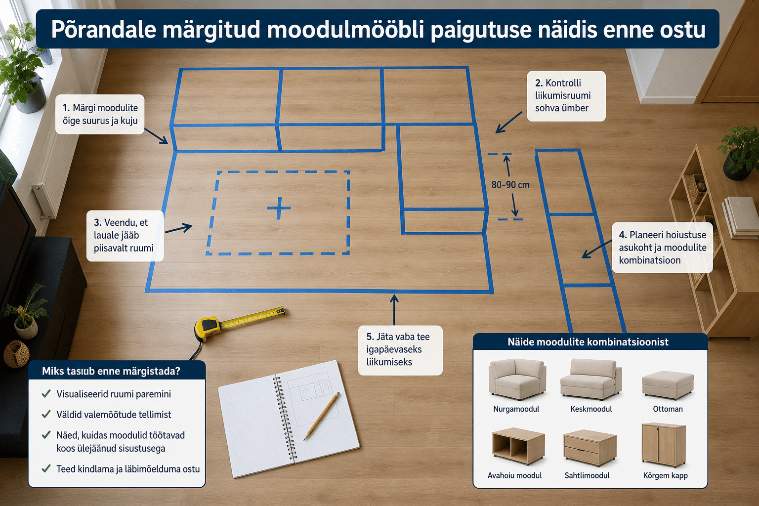 Põrandale märgitud moodulmööbli paigutuse näidis enne ostu