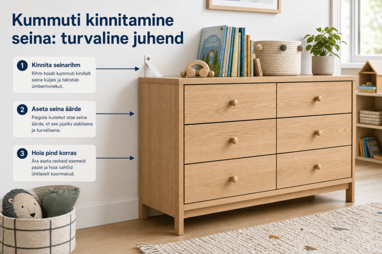 Kummut kipub ümber minema? Tee kodu turvalisemaks | E-pood Tootemaailm Heledas lastetoas seina külge turvaliselt kinnitatud puidutooni kummut