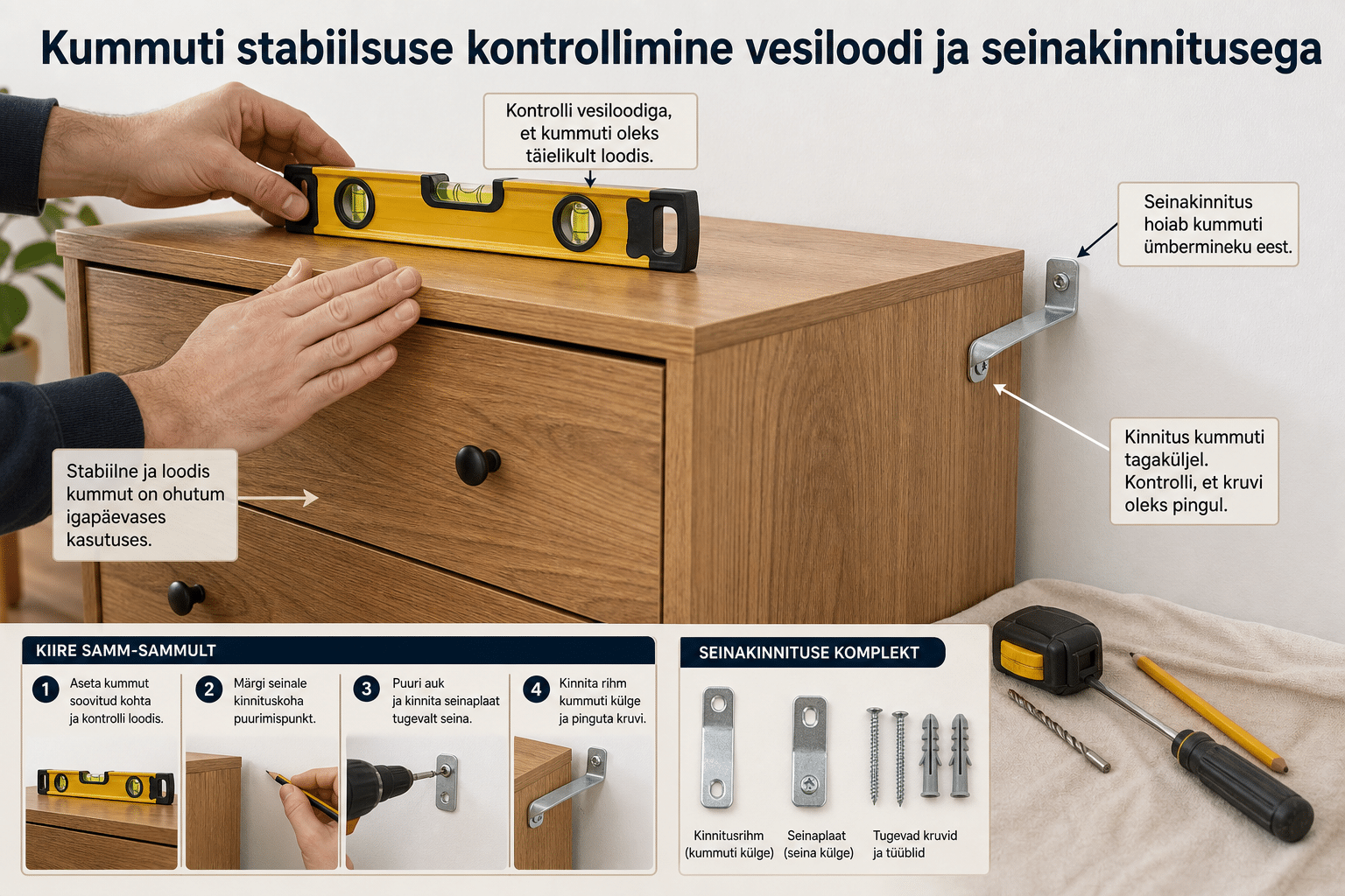 Kummuti stabiilsuse kontrollimine vesiloodi ja seinakinnitusega