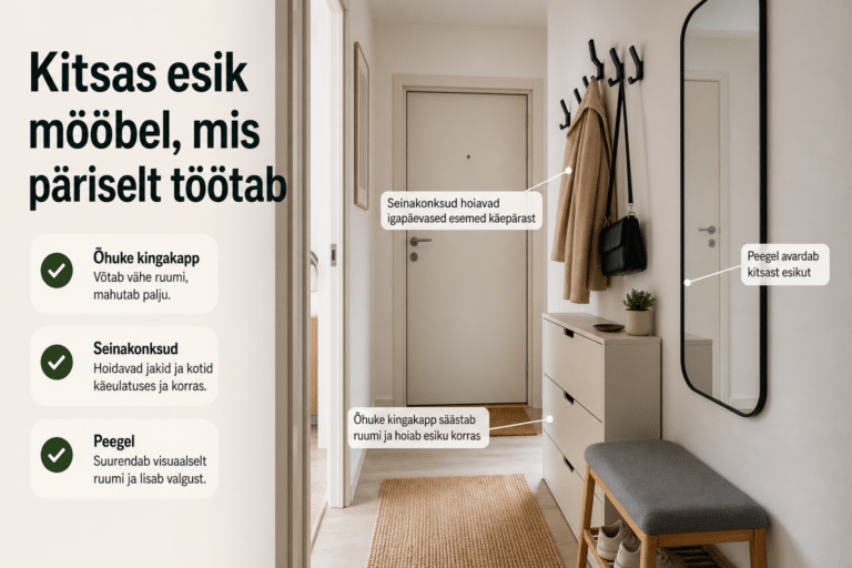 Kitsas esik vajab nutikat mööblit | E-pood Tootemaailm Kitsas esik õhukese kingakapi, seinakonksude ja peegliga