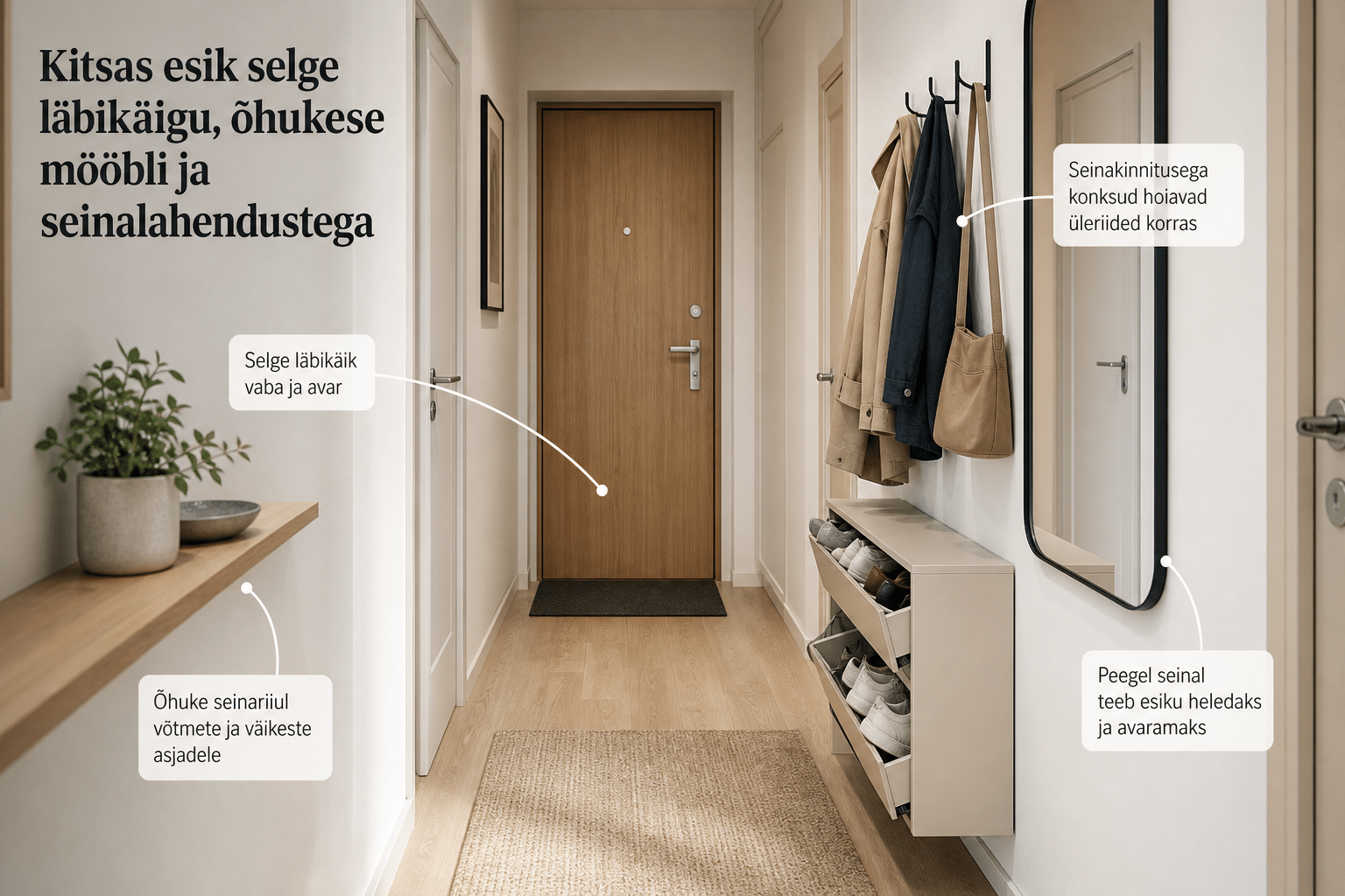 Kitsas esik selge läbikäigu, õhukese mööbli ja seinakonksudega