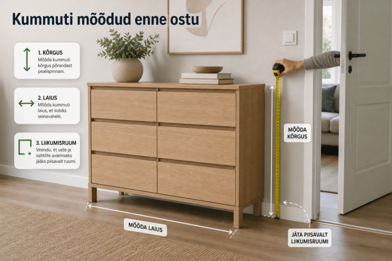 Kummuti mõõdud enne ostu | E-pood Tootemaailm Kummuti mõõtmine mõõdulindiga elutoas enne ostu