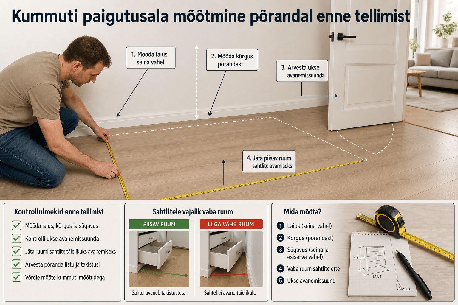 Kummuti paigutusala mõõtmine põrandal enne tellimist