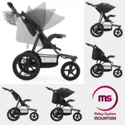 Moby-System Mountain musta värvi kolmerattaline lapsekäru eri asendites