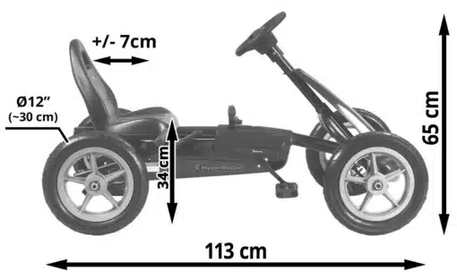 HyperMotion pedaaliga kart külgvaates koos mõõtudega: pikkus 113 cm, kõrgus 65 cm ja rattad 12 tolli