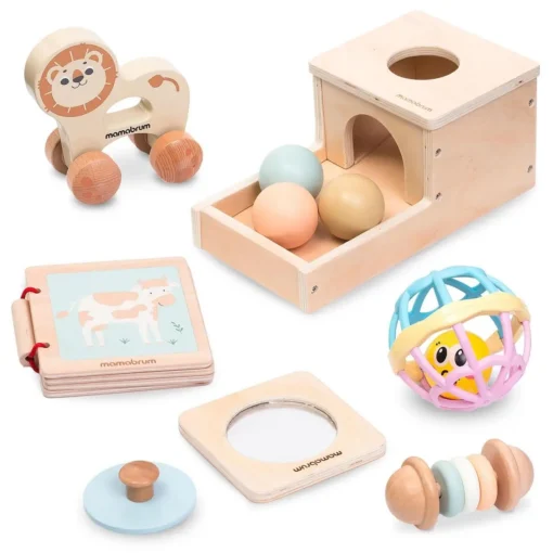 Montessori mänguasjakomplekt beebidele 7–12 kuud, 6-osaline | E-pood Tootemaailm Puidust väikelaste mänguasjade komplekt: kuulidega karp, loomakujuline tõmmatav mänguasi, pildiraamat, pall ja kõristid