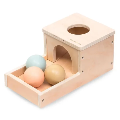 Montessori mänguasjakomplekt beebidele 7–12 kuud, 6-osaline | E-pood Tootemaailm Puidust mänguasi sahtli, avause ja kolme värvilise palliga