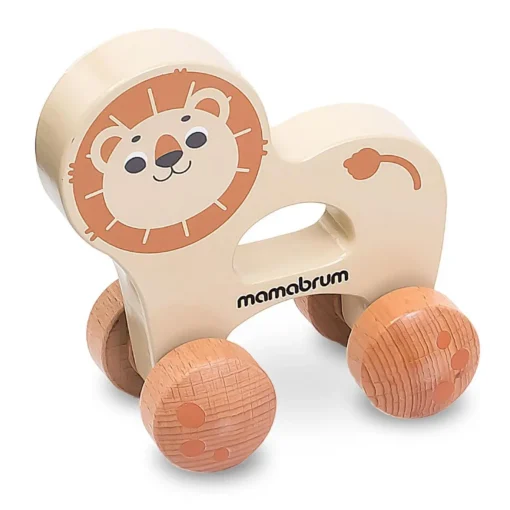 Montessori mänguasjakomplekt beebidele 7–12 kuud, 6-osaline | E-pood Tootemaailm Lõvikujuline nelja rattaga mänguauto helebeeži kere ja puidutoonis ratastega