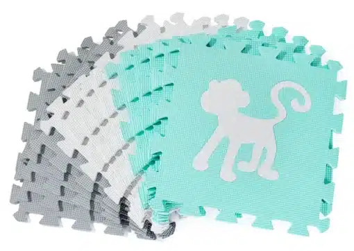 Laste puslematt eemaldatavate loomade ja kujunditega 150 x 150 cm | E-pood Tootemaailm Turquoise, valge ja hall puslemattide komplekt, millel on valge ahvisiluett