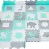 Laste puslematt eemaldatavate loomade ja kujunditega 150 x 150 cm | E-pood Tootemaailm Hall-türkiissinine puslematt loomade ja kujunditega, mille servad moodustavad madalad piirded