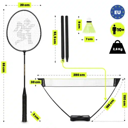 Sulgpallikomplekt reketi, sulgpalli, võrgu, postide ja alusega; reket 66 cm, võrk 280 × 30 cm