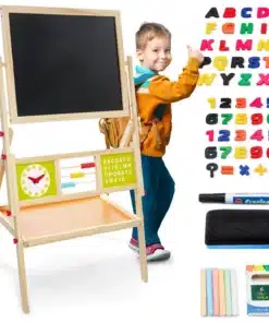 Laste puidust tahvel molbert tähtede, numbrite, aabitsa, kella, markeri, kustutuskummi ja värviliste kriitidega