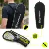Crossmintoni komplekt 2 reketi ja 5 palliga 10+ | E-pood Tootemaailm HyperMotion must spordivarustuse kott neonroheliste detailidega, kandmisel seljal ja avatuna koos reketi ning pallidega