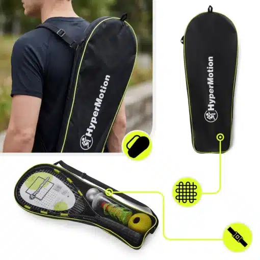Crossmintoni komplekt 2 reketi ja 5 palliga 10+ | E-pood Tootemaailm HyperMotion must spordivarustuse kott neonroheliste detailidega, kandmisel seljal ja avatuna koos reketi ning pallidega