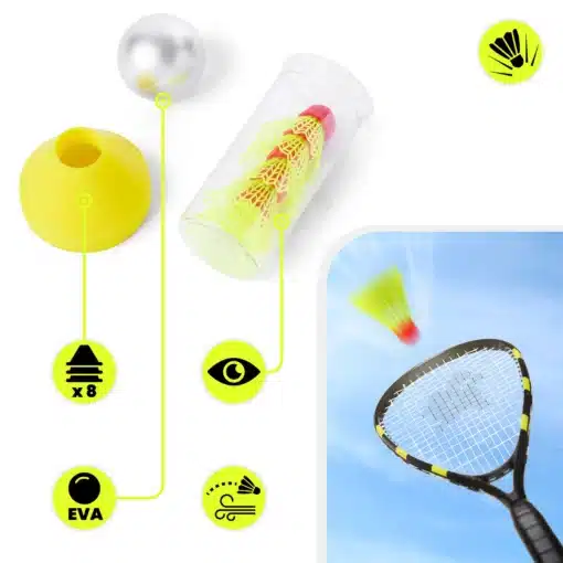 Crossmintoni komplekt 2 reketi ja 5 palliga 10+ | E-pood Tootemaailm Badmintonisulgede komplekt läbipaistvas torus koos kollase hoidikuga, 8 tk