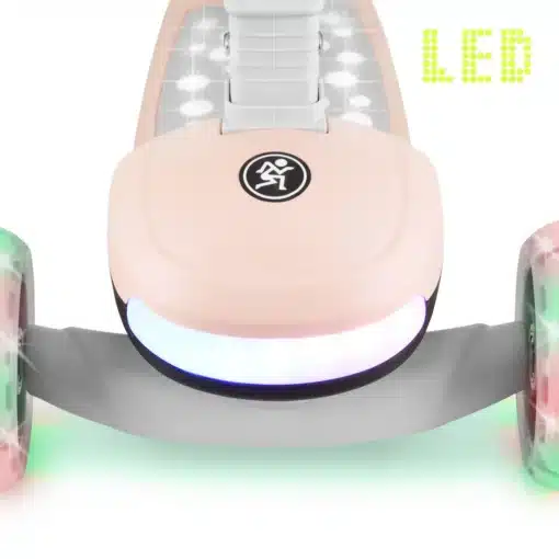 Laste 3in1 tõukeratas istmega ja LED-ratastega | E-pood Tootemaailm Roosa LED-valgustusega seade lähivaates, helendav valge-sinine valgusriba ja külgmised värvilised detailid