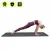 Joogamatt HyperMotion Lotus 6 mm libisemiskindel TPE-materjalist | E-pood Tootemaailm Naine teeb joogamatil plank-asendit, taustal kolm kvaliteeti ja turvalisust kujutavat ikooni