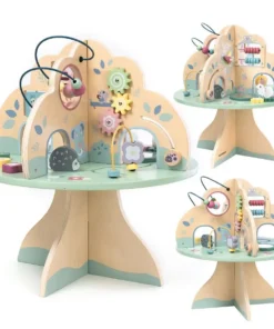 Puidust laste tegevuskeskus mängulaua, helmeste, hammasrataste, labürindi ja aabitsaga