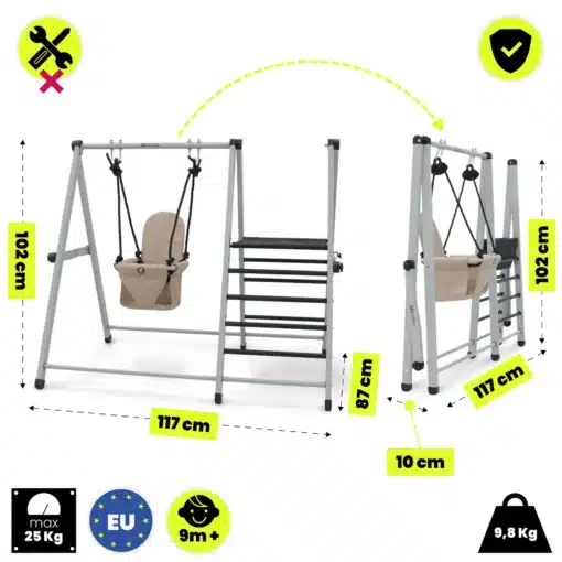 Kokkupandav laste kiik ja ronimisredel 2 ühes | E-pood Tootemaailm Hall laste kiik redeliga, beebikiige istmega, mõõdud 117 × 102 cm ja vanusele alates 9 kuust
