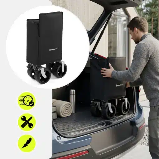 Kokkupandav transpordikäru 250 l ja kandevõimega 100 kg | E-pood Tootemaailm Must kokkupandav käru suurte ratastega, mida laaditakse auto pagasiruumi