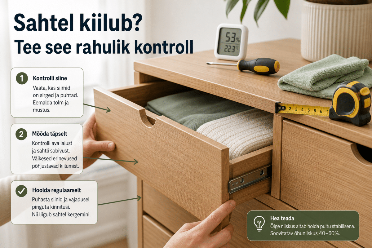 Sahtel kiilub? Tee see rahulik kontroll | E-pood Tootemaailm Avatud kummuti sahtel, mis liigub raskelt, ning selle kõrval mõõdulint ja puhastuslapp