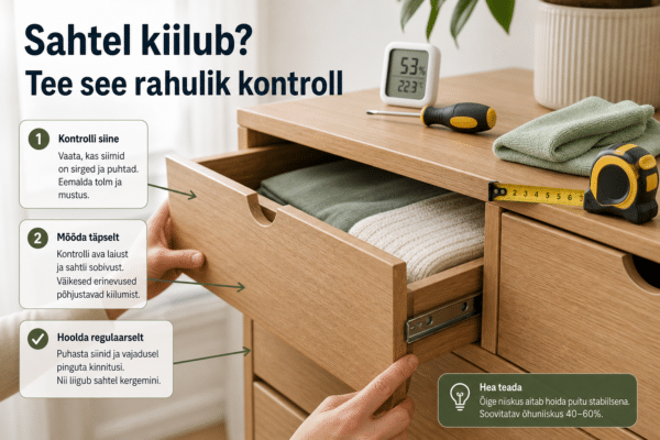 Sahtel kiilub? Tee see rahulik kontroll | E-pood Tootemaailm Avatud kummuti sahtel, mis liigub raskelt, ning selle kõrval mõõdulint ja puhastuslapp