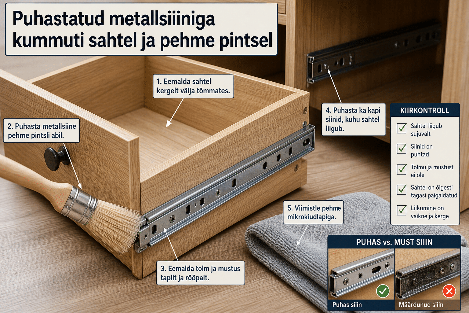 Puhastatud metallsiiiniga kummuti sahtel ja pehme pintsel
