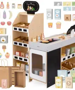Puidust mängupood supermarket riiulite, kassalindi, kriiditahvli ja mängutarvikutega