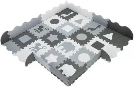 Laste puslematt 16-osaline 150 x 150 cm | E-pood Tootemaailm Hallikas puzzle-mustriga mängumatt loomade ja kujunditega ning kokkupandava äärega