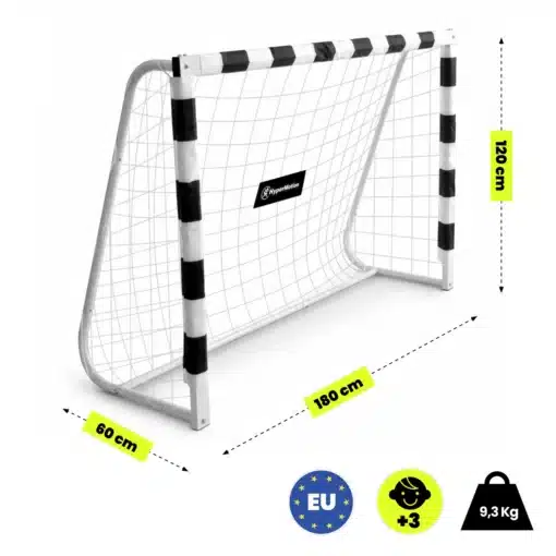 HyperMotion mini jalgpallivärav mõõtudega 180 × 60 × 120 cm, mustvalge raam ja võrk