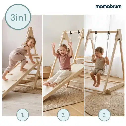 Laste 3-ühes sisemänguväljak liumäe, ronimisseina ja kiigega | E-pood Tootemaailm Mamabrumi 3-in-1 puidust ronimisraam kaldtee ja kiigega, kolmes kasutusviisis